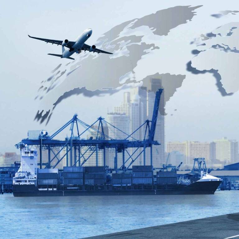 Global export logistics showing cargo ship and airplane symbolizing international trade and FDA compliance for product registration and distribution.