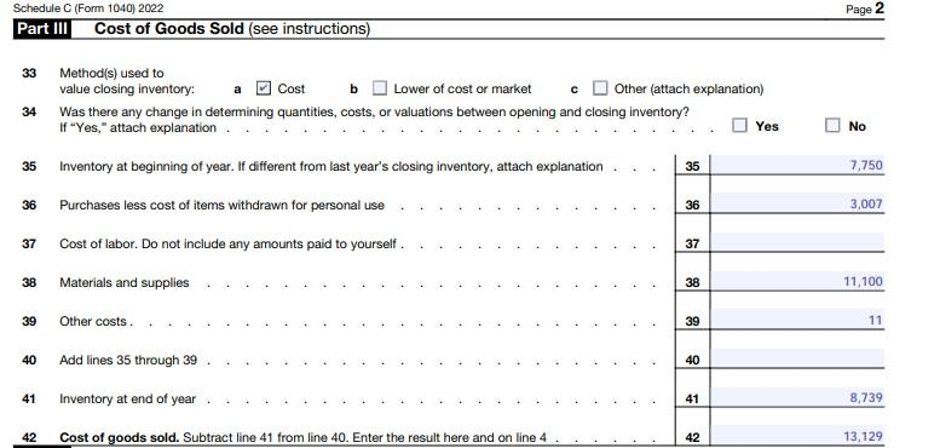 IRS Schedule C Form 1040 Part III Cost of Goods Sold, lines 33 through 42 covering inventory valuation method, beginning inventory, purchases, cost of labor, materials and supplies, and ending inventory