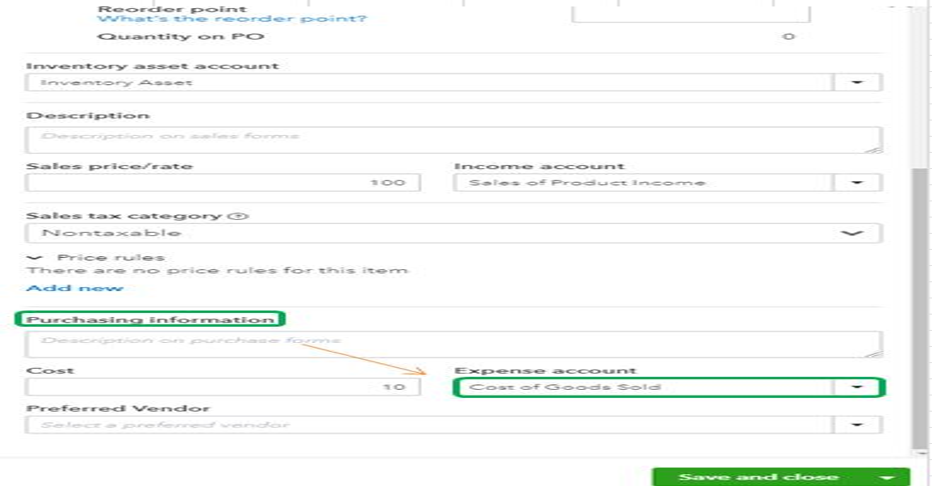 QuickBooks Online product setup screen showing Inventory asset account, sales price, income account, and purchasing information with Cost of Goods Sold selected as the expense account