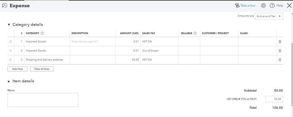 QuickBooks expense entry with category detail lines for imported goods and shipping and delivery expense, showing amounts and sales tax treatment