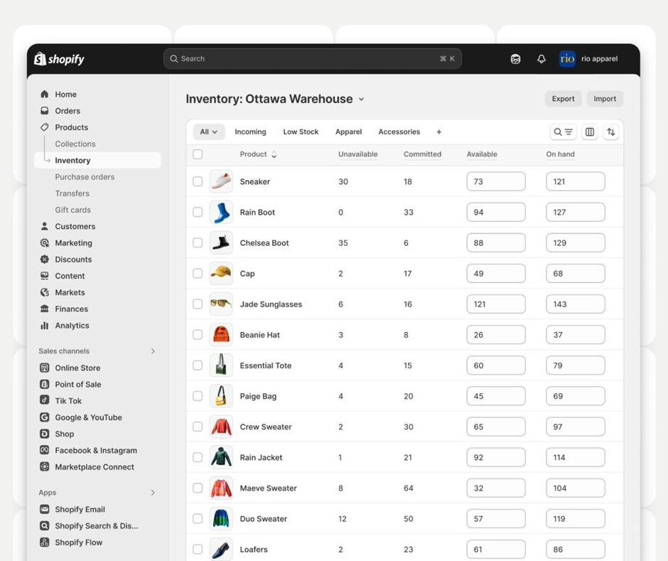 Shopify inventory view for a single warehouse location listing products with unavailable, committed, available, and on-hand quantities