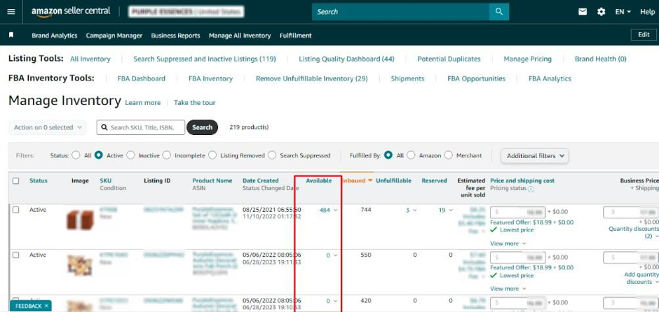 Amazon Seller Central Manage Inventory page listing active SKUs with available, inbound, unfulfillable, and reserved quantities plus estimated fee per unit sold