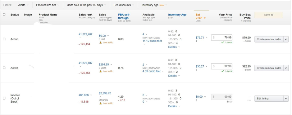 Amazon FBA inventory dashboard showing sales rank, units shipped, FBA sell-through rate, available units, inventory age buckets, and estimated long-term storage fees