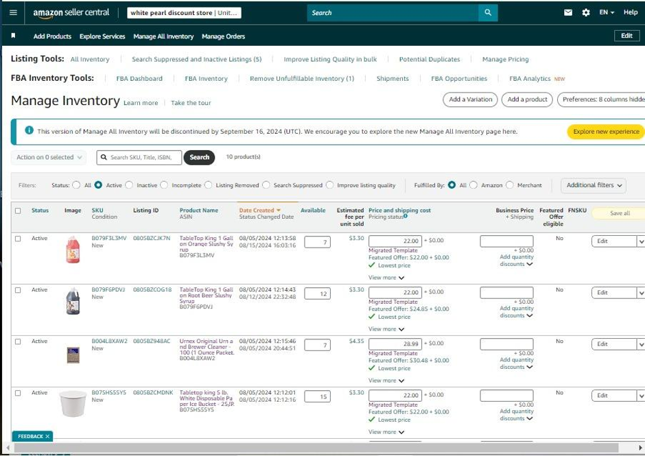Amazon Seller Central Manage Inventory listing showing SKU, listing ID, ASIN, available quantity, and estimated fee per unit sold for each product