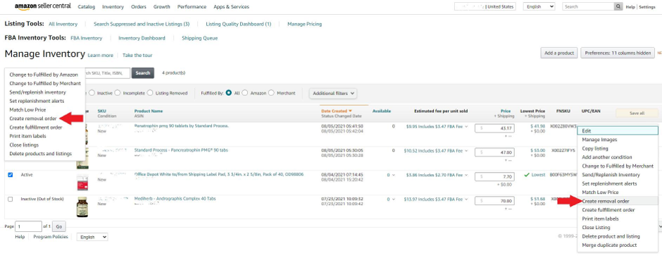 Amazon Seller Central inventory actions menu with Create removal order highlighted, used to withdraw or dispose of unsellable FBA stock