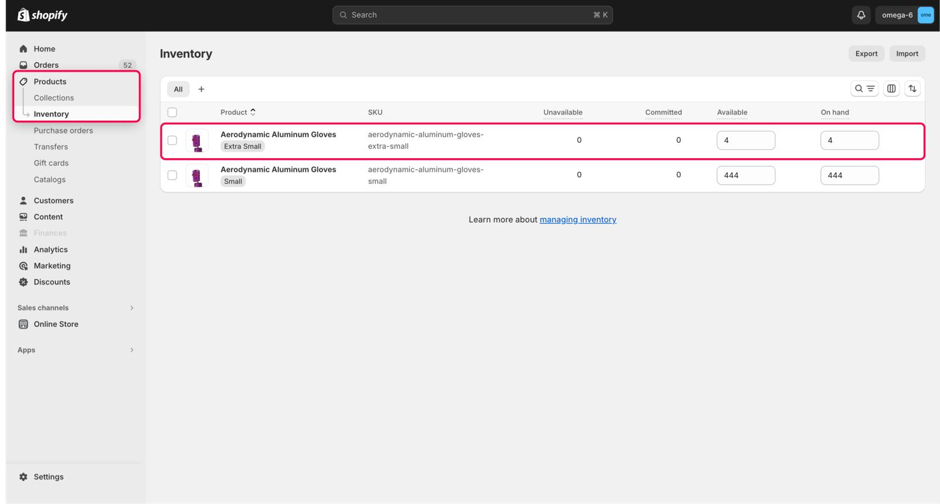 Shopify Inventory page showing product variants with SKU, unavailable, committed, available, and on-hand quantity columns