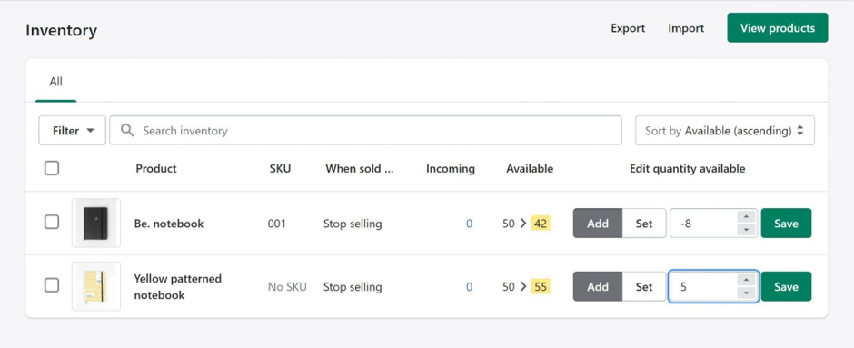 Shopify inventory screen editing quantity available for two notebook products, adding and subtracting stock