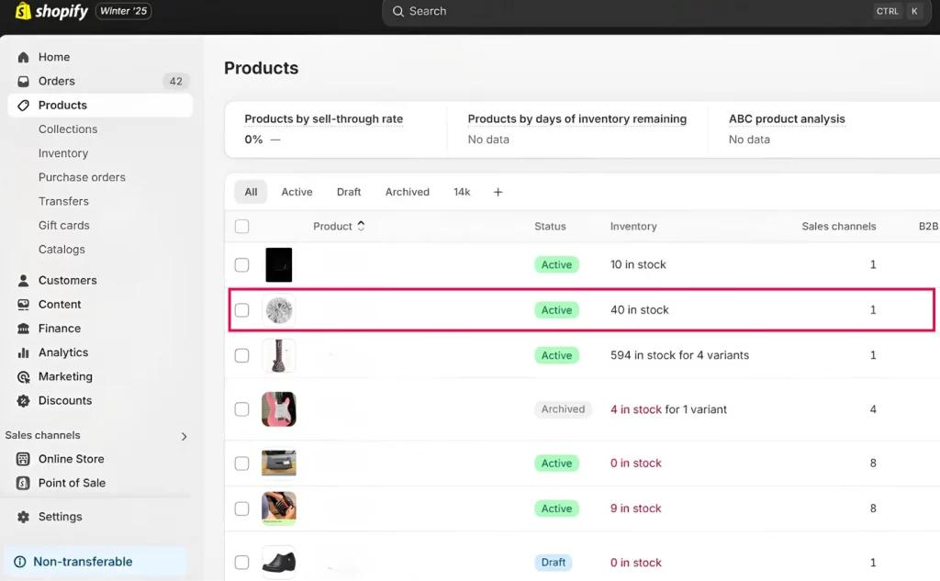 Shopify Products page showing sell-through rate, days of inventory remaining, ABC product analysis, and in-stock counts per product