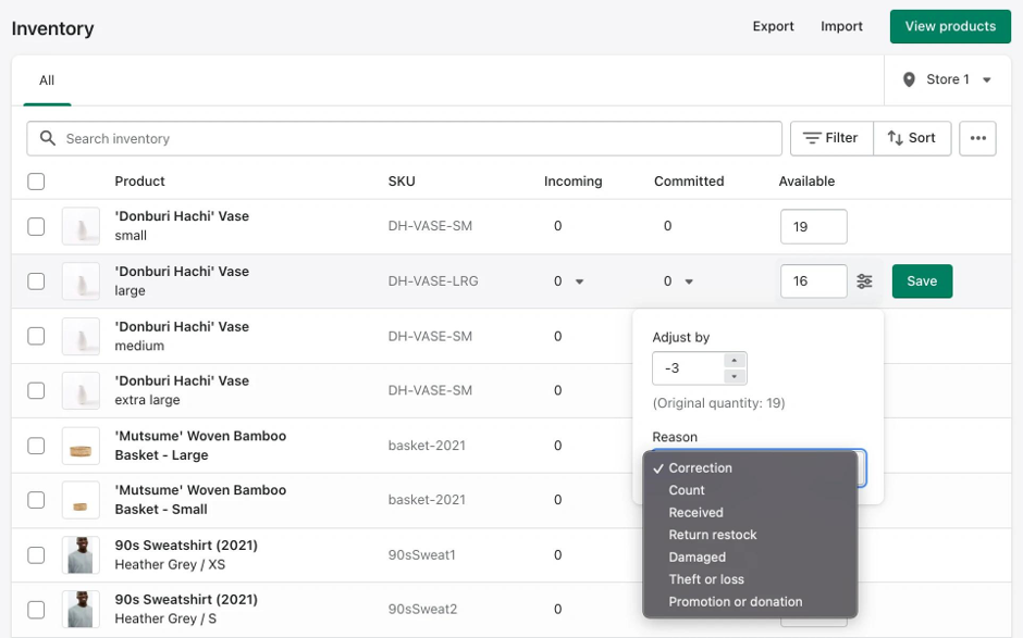 Shopify inventory adjustment panel with reason dropdown showing Correction, Count, Received, Return restock, Damaged, Theft or loss, and Promotion or donation