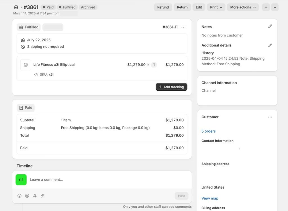 Shopify order detail page showing a paid and fulfilled order with line item, SKU, subtotal, shipping, and payment summary