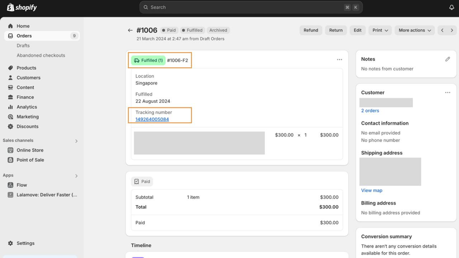 Shopify order detail showing fulfillment location, fulfilment date, and tracking number alongside the paid total