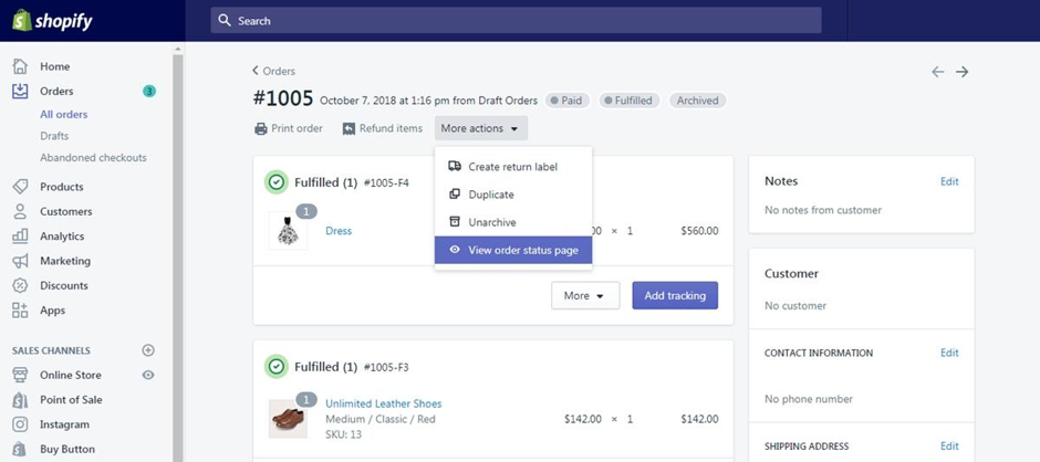 Shopify order page with More actions menu open, showing create return label, duplicate, unarchive, and view order status page options across multiple fulfilments