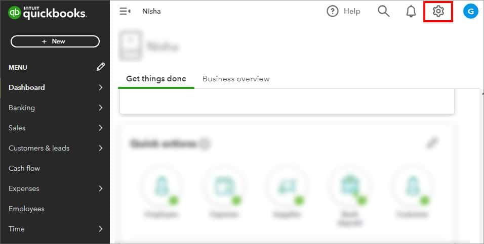 QuickBooks Online dashboard with the Settings gear icon highlighted