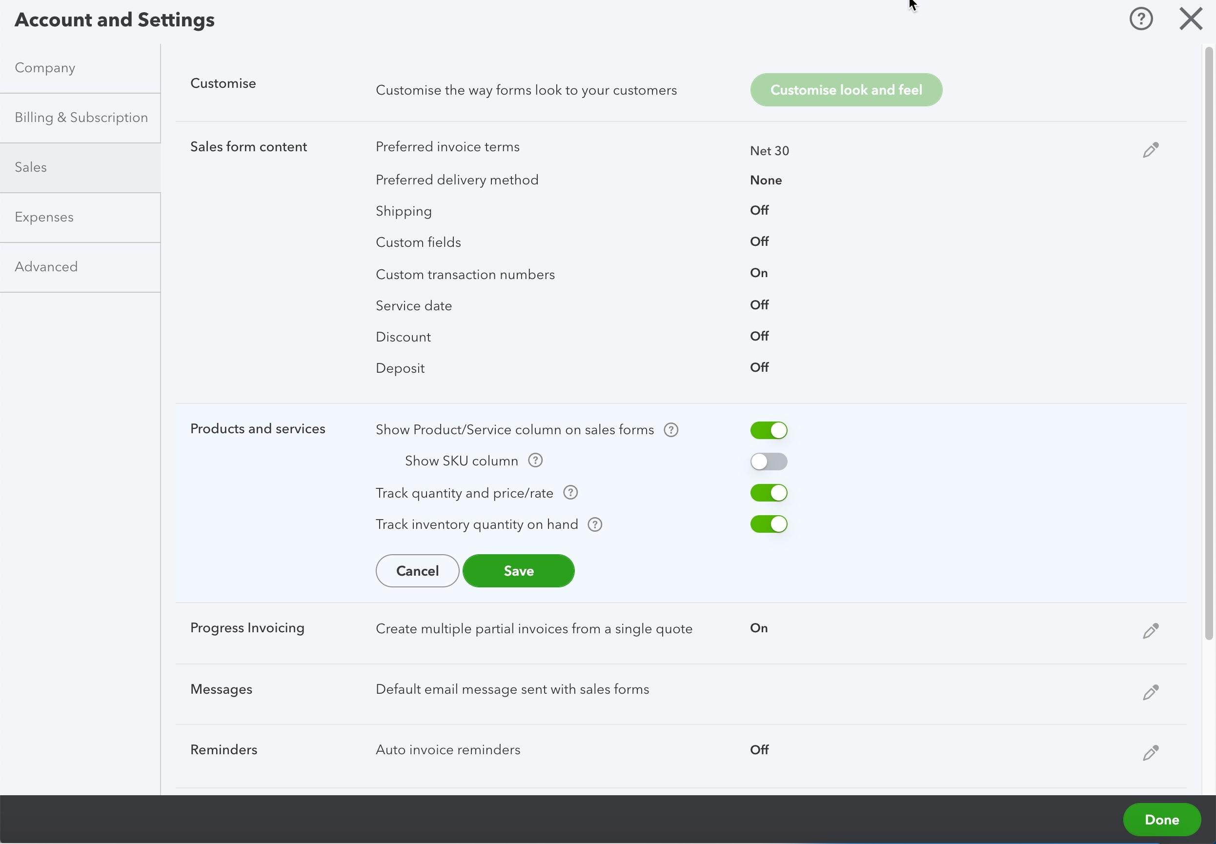 Account and Settings window with the Sales tab selected