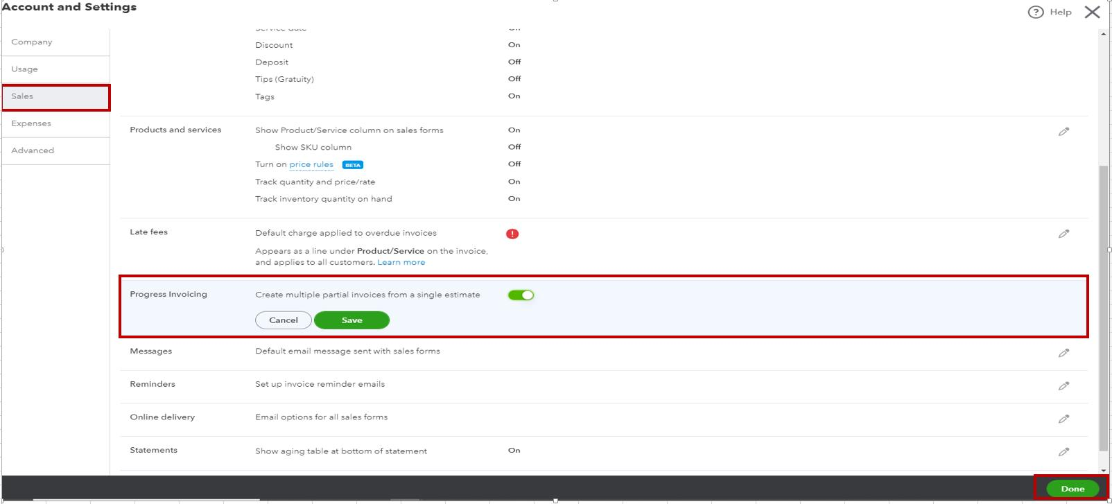 Sales settings scrolled to the Progress Invoicing section