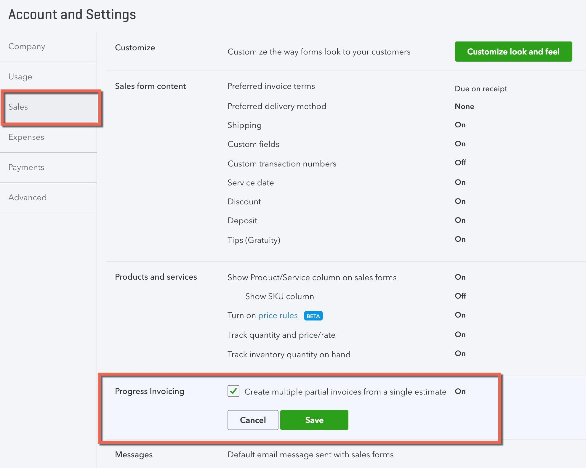 Create multiple partial invoices from a single estimate toggle turned on