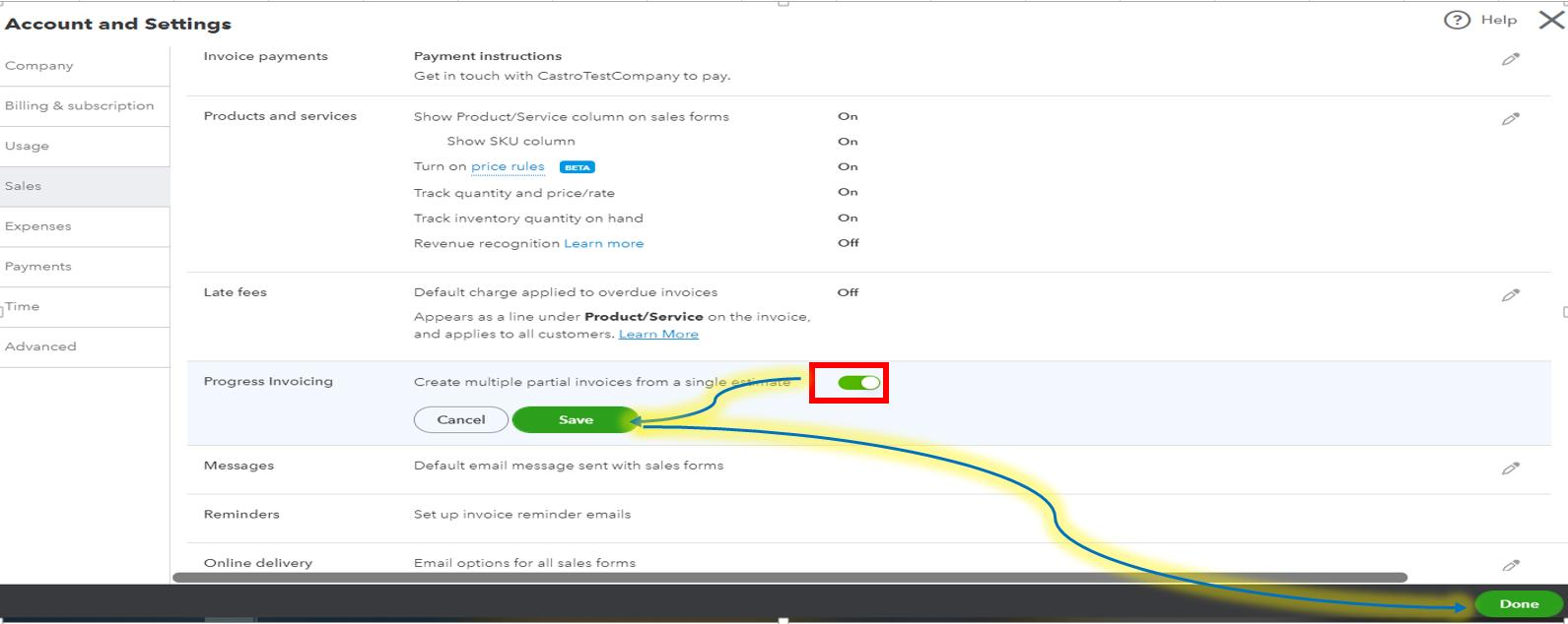 Saving the progress invoicing setting in Account and Settings
