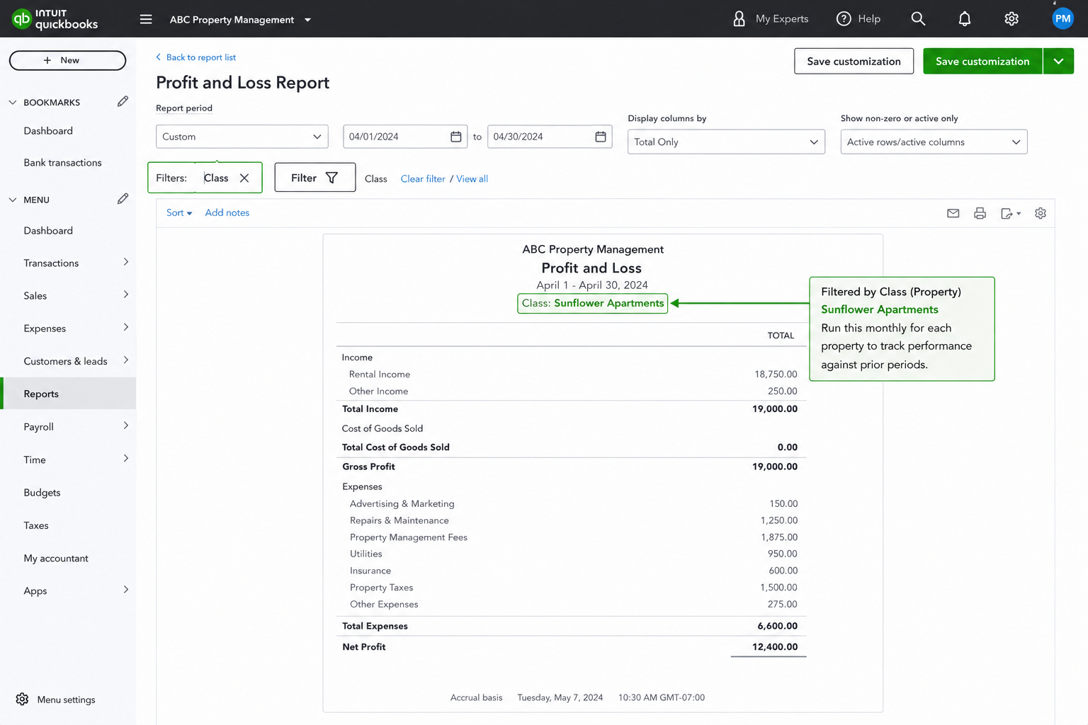 QuickBooks Online Profit and Loss Report filtered by Class showing property-level income and expenses