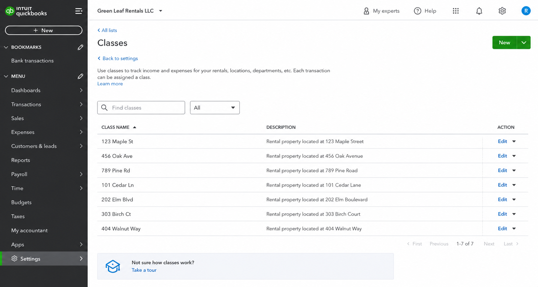 QuickBooks Online Classes list showing rental properties separated by street address