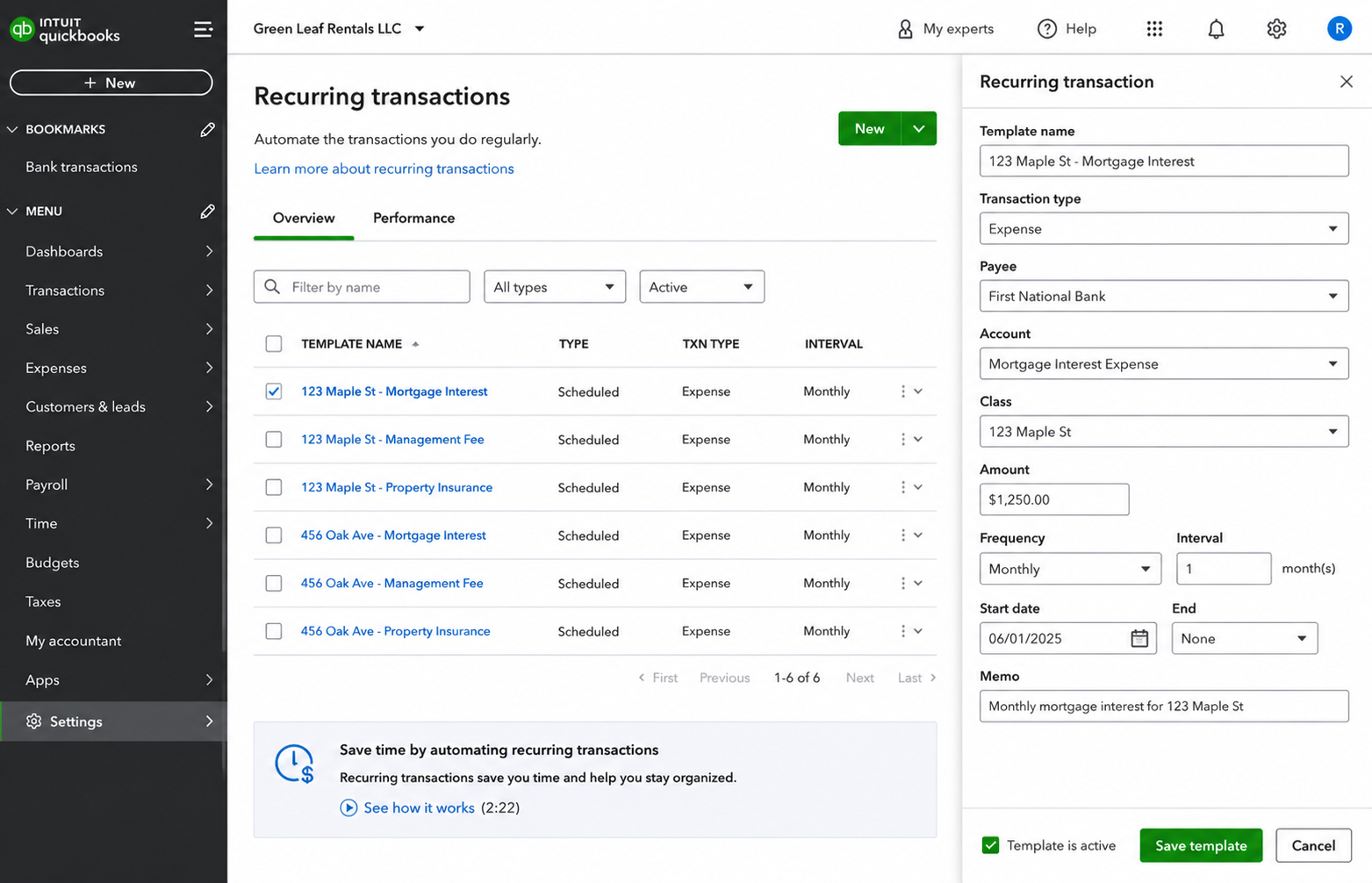 QuickBooks Online Recurring Transactions list with property-tagged mortgage, management fee, and insurance templates