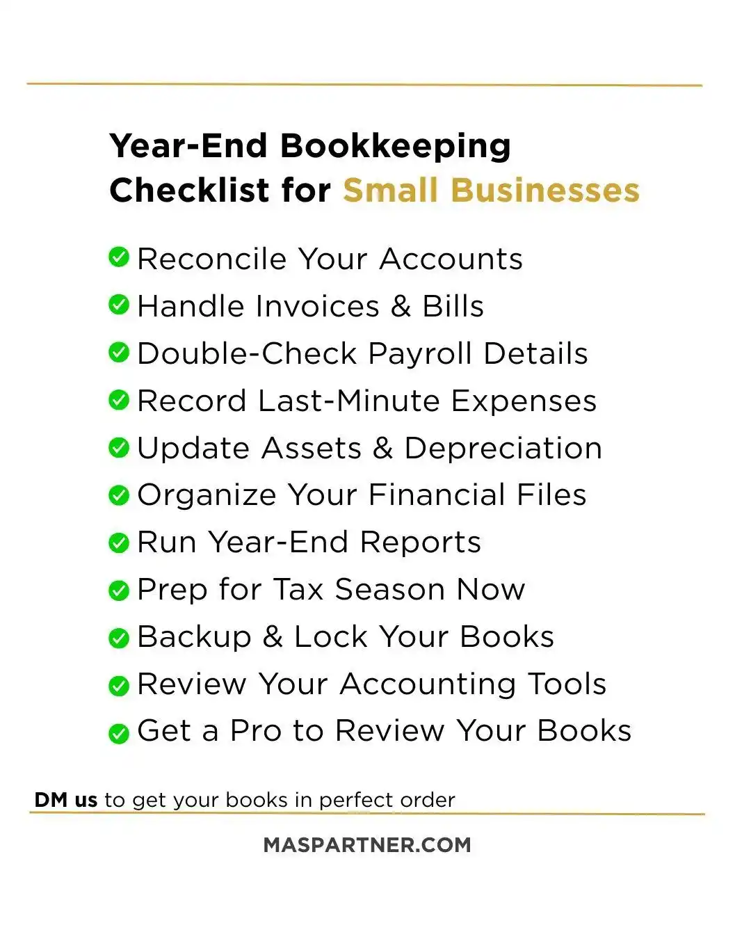 Social graphic checklist for year-end bookkeeping tasks for small businesses