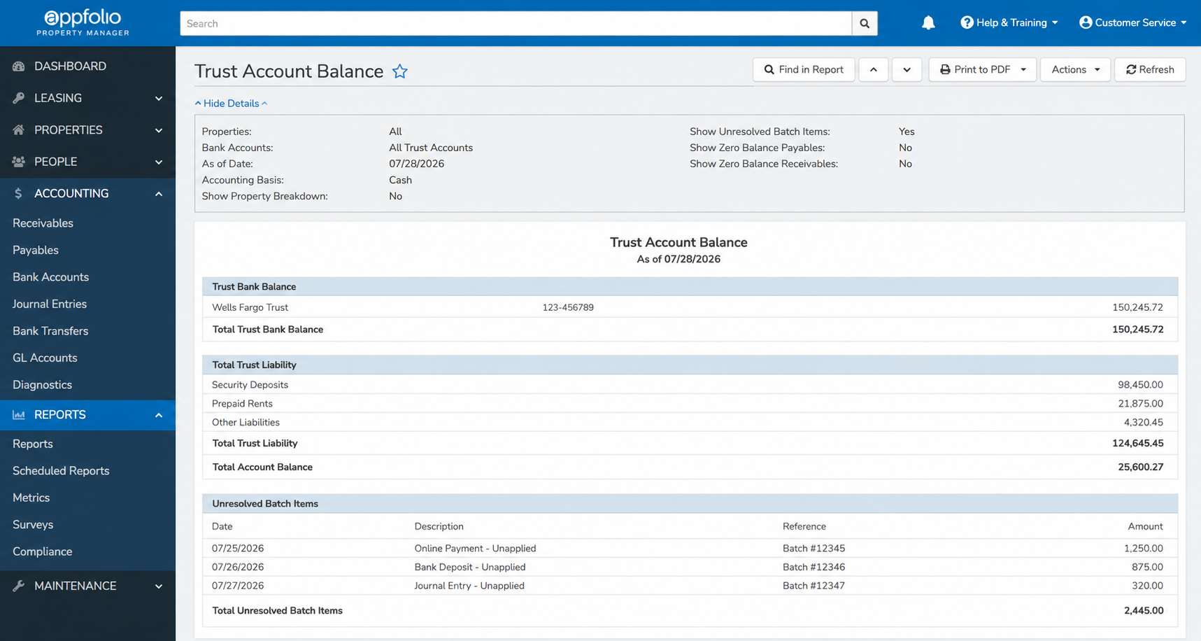 AppFolio Trust Account Balance report as of 07/28/2026 showing the trust bank balance, the total trust liability split into security deposits, prepaid rents and other liabilities, and a list of unresolved batch items