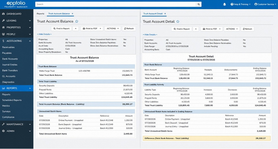 AppFolio Trust Account Balance and Trust Account Detail reports run side by side for July 2026, showing trust bank balance, trust liability activity, unresolved batch items, and the difference between total trust bank balance and total trust liability