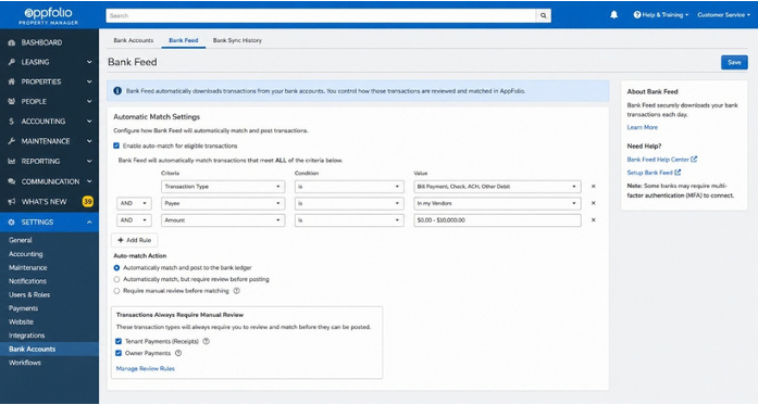 AppFolio Bank Feed settings screen showing automatic match rules, auto-match action options, and the transaction types that always require manual review, including tenant payments and owner payments
