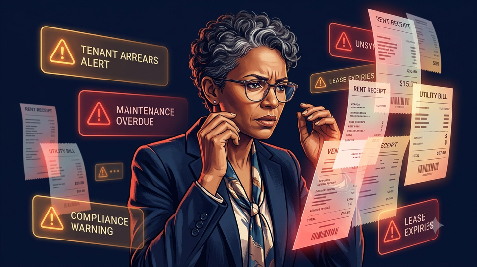 Stressed property manager surrounded by alerts for tenant arrears, overdue maintenance, compliance warnings, and lease expiries, along with floating rent receipts, utility bills, and vendor invoices