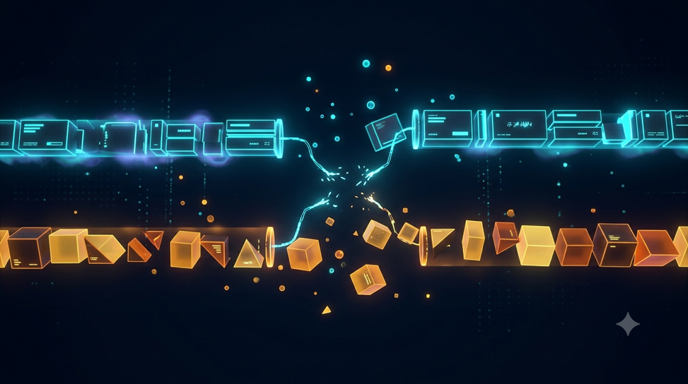 Two streams of data blocks, one glowing blue and one amber, breaking apart in the middle to represent ledger and bank records falling out of alignment