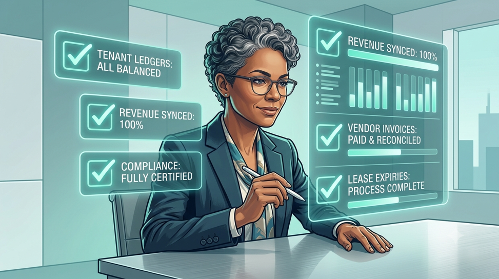 Confident property manager reviewing a dashboard showing tenant ledgers all balanced, revenue synced at 100 percent, compliance fully certified, vendor invoices paid and reconciled, and lease expiries processed