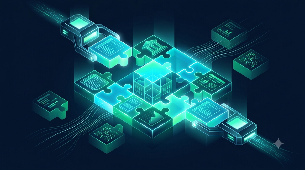 Glowing puzzle pieces containing ledgers, charts, and a bank icon locking together between two data connectors, representing a connected and structurally sound accounting process